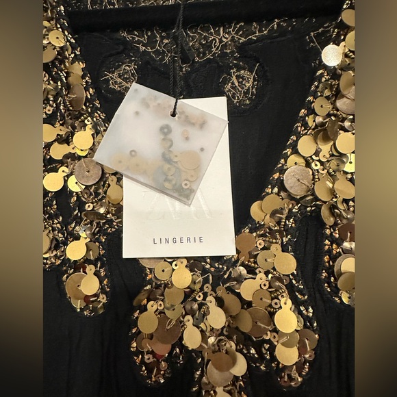 Zara Black Pleated Sequin Georgette Dress - Size M - Picture 6 of 12